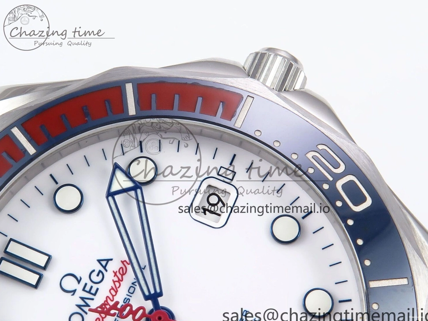 0409 HighQuality Seamaster Diver 300M OMF 1:1 Best Edition Blue Red Ceramic White Dial on SS Bracelet A 7705